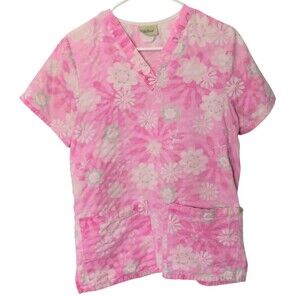 Tafford Scrub Top Women Pink Small Floral Pattern Large Pockets Comfortable Fit